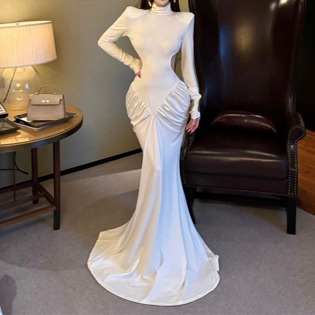 Long-Sleeve Mock Neck Plain Maxi Triumph Dress