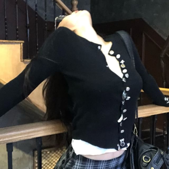 Crew Neck Plain Ribbed Cardigan