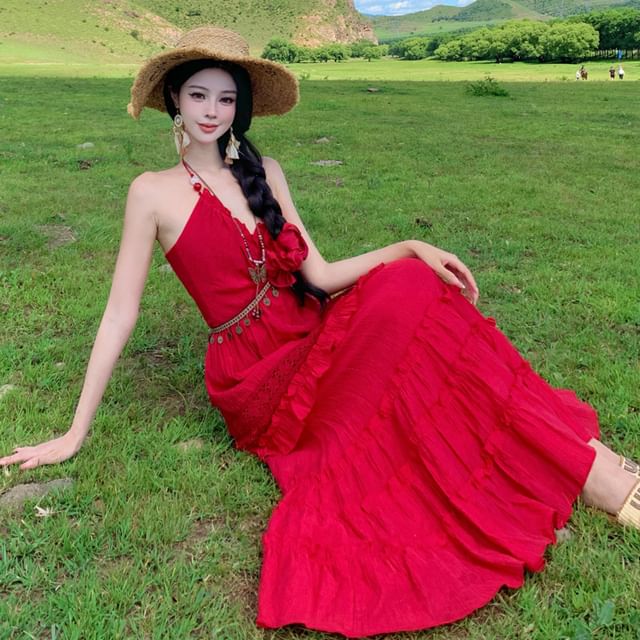 Halter Neck Plain Maxi A-Line Dress