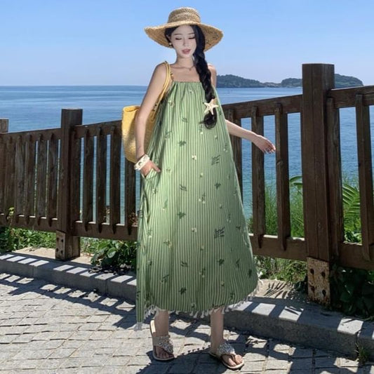 Spaghetti Strap Striped Maxi A-Line Dress