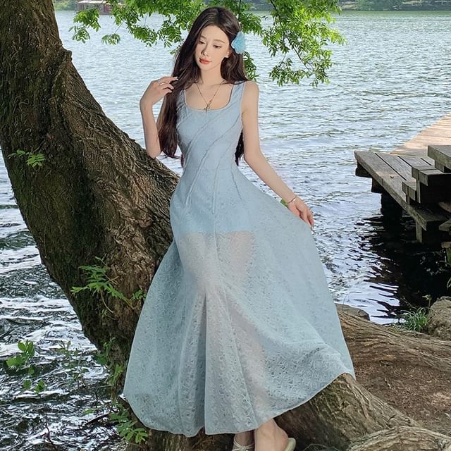 Sleeveless Lace Maxi A-Line Dress