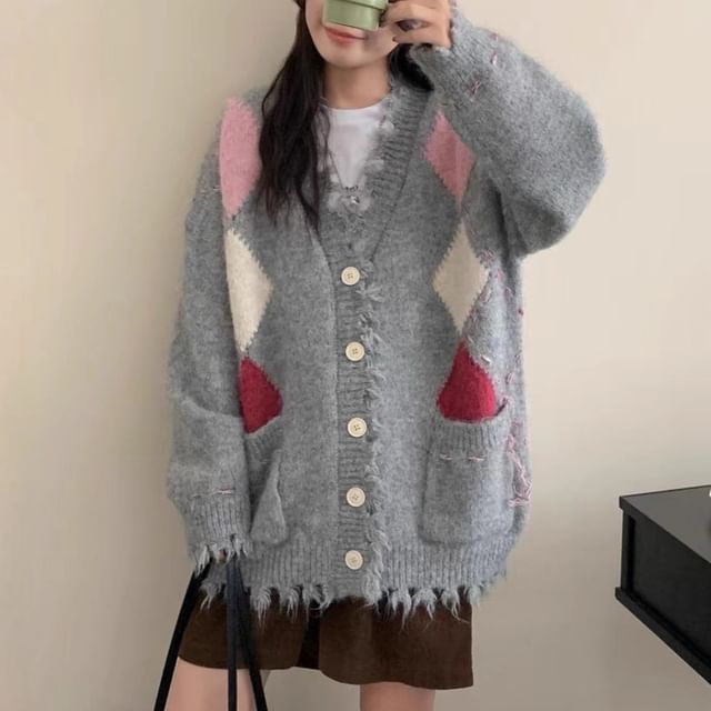 V-Neck Argyle Distressed Cardigan