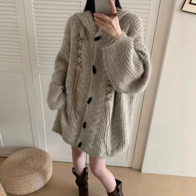 Plain Lace Up Hood Cable Knit Toggle Cardigan