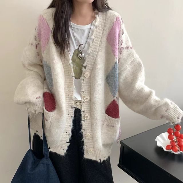 V-Neck Argyle Distressed Cardigan