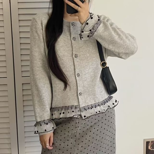 Round Neck Dotted Plaid Panel Mesh Ruffle Cardigan