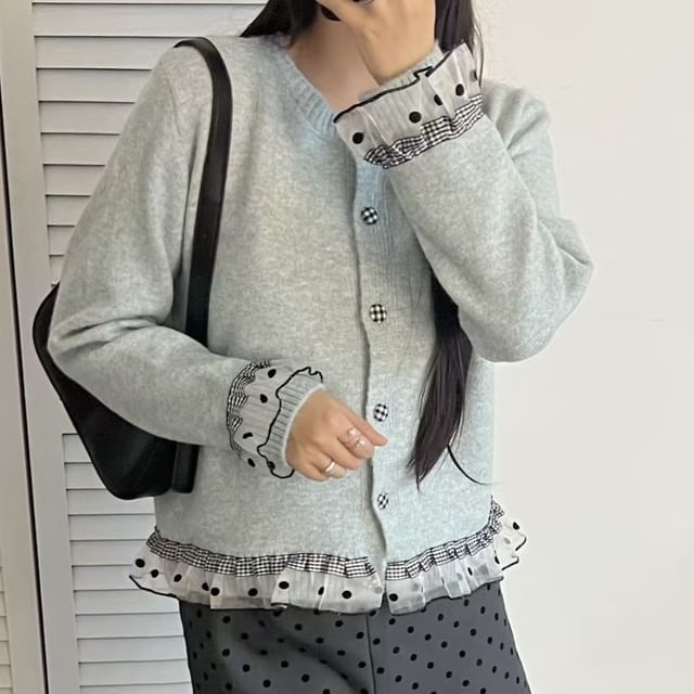 Round Neck Dotted Plaid Panel Mesh Ruffle Cardigan