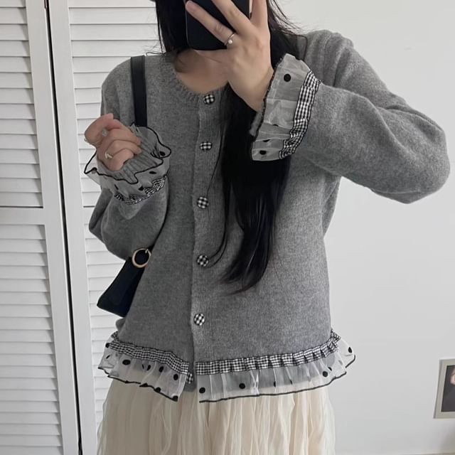 Round Neck Dotted Plaid Panel Mesh Ruffle Cardigan