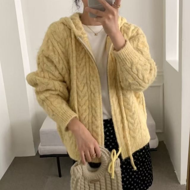Plain Zip-Up Cable Knit Hoodie