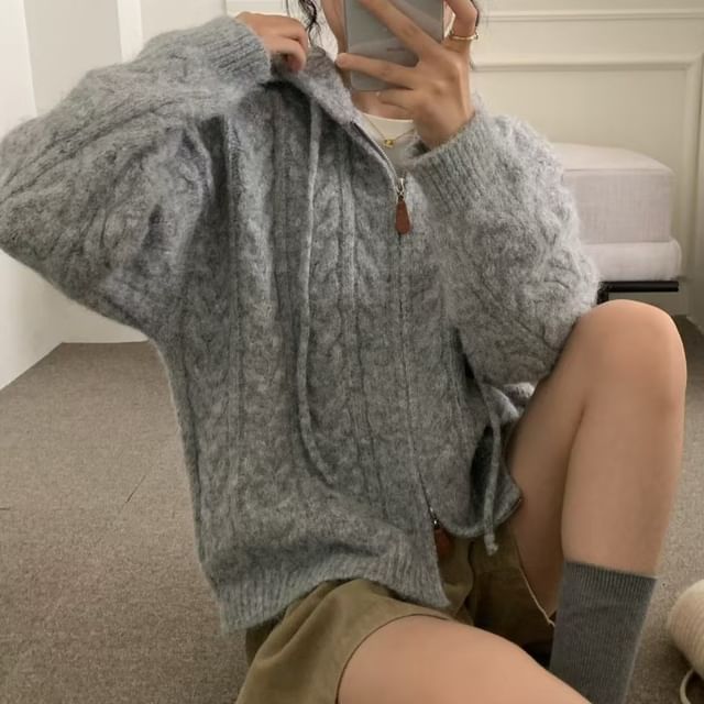 Plain Zip-Up Cable Knit Hoodie