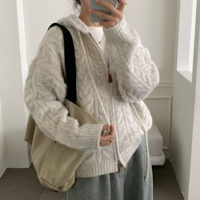 Plain Zip-Up Cable Knit Hoodie