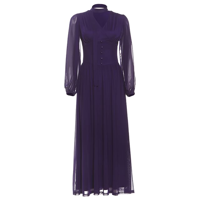 Set: Long-Sleeve V-Neck Plain Maxi A-Line Dress + Skinny Scarf