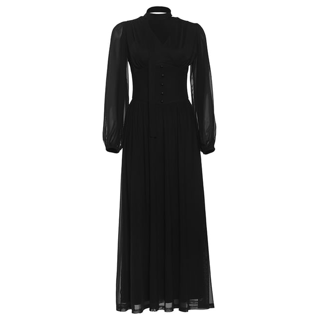Set: Long-Sleeve V-Neck Plain Maxi A-Line Dress + Skinny Scarf