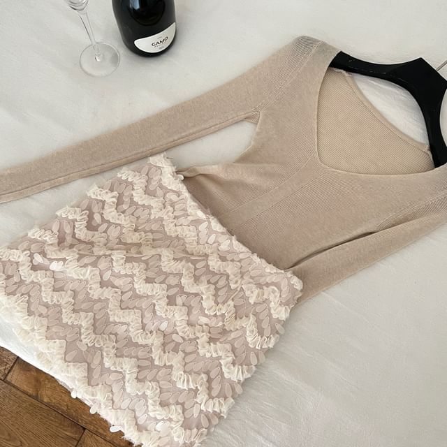 V-Neck Long Sleeve Knit Top and Sequin Mini Skirt Set
