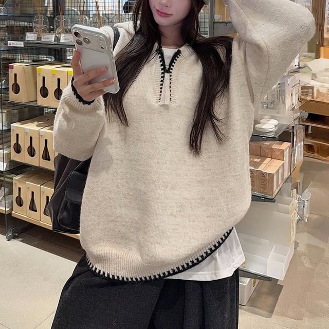 Contrast Trim Half-Zip Hooded Sweater