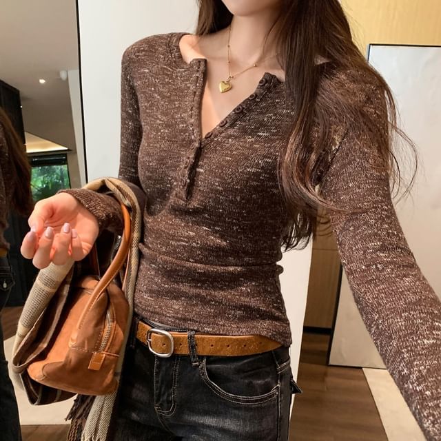 Melange Knit Henley Top with Notch Neck & Long Sleeves
