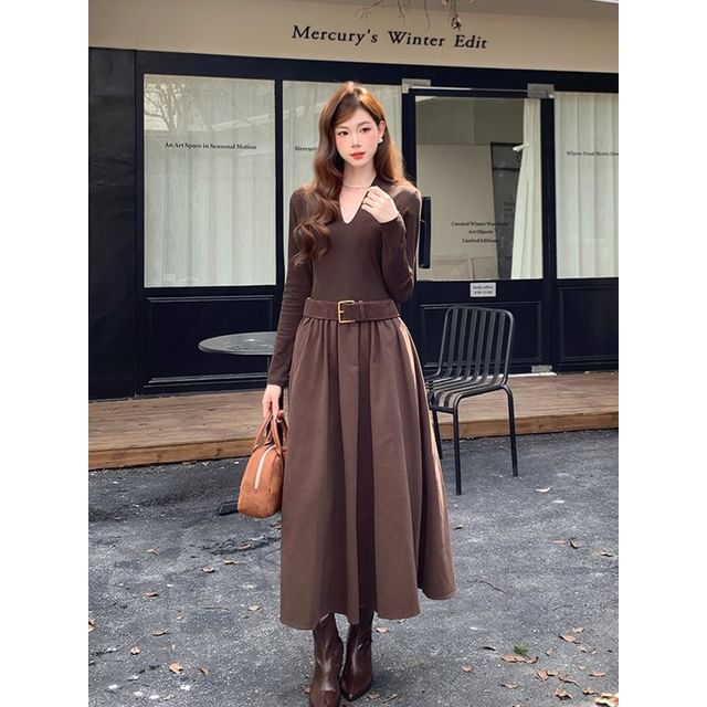 Long Sleeve V-Neck Belted Panel Maxi A-Line Dress