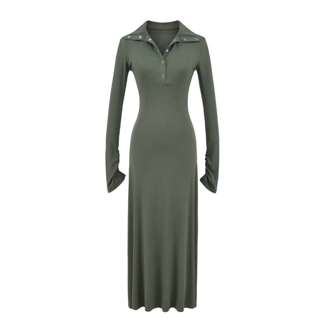Long Sleeve Mock Neck Henley Plain Maxi A-Line Dress