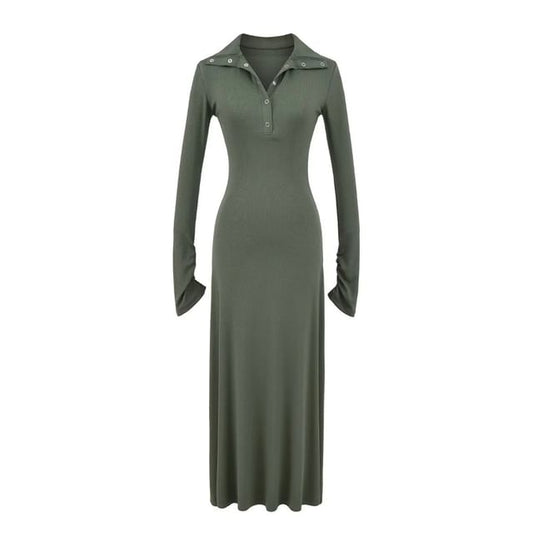 Long Sleeve Mock Neck Henley Plain Maxi A-Line Dress