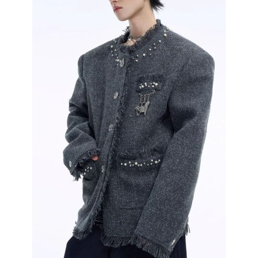Round Neck Beaded Fray Tweed Button Jacket
