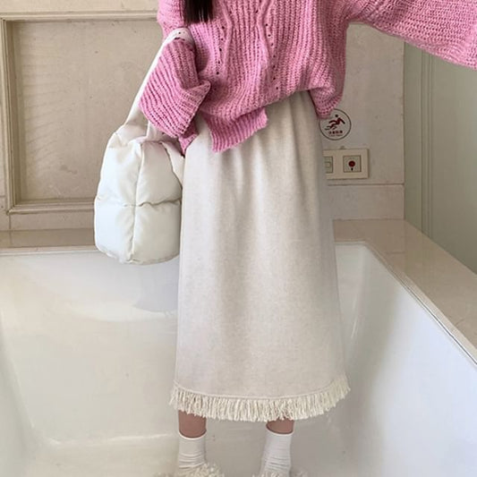 Fringed Slit Corduroy Midi A-Line Skirt Elastic Waist