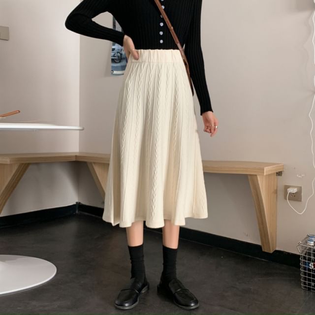 Elastic Waist Cable Knit Midi A-Line Skirt