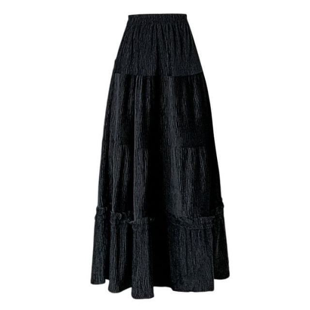 Ruffle Trim Tiered Corduroy Midi A-Line Skirt Elastic Waist