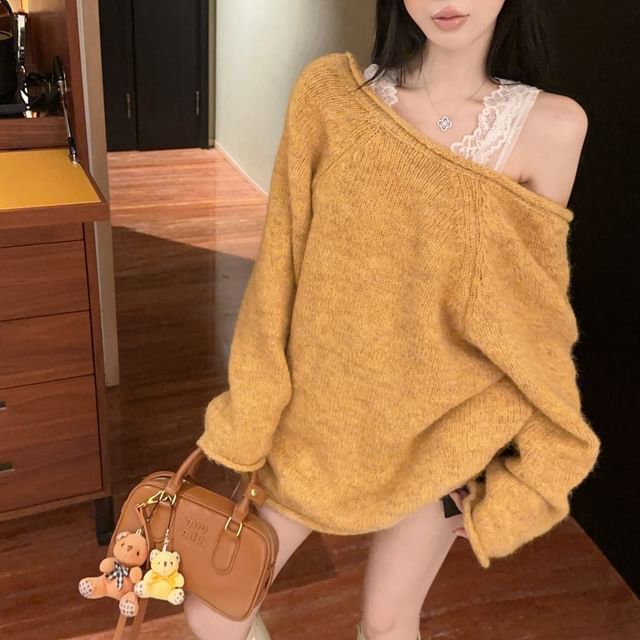 V-Neckline Lace Insert Plain Knit Sweater
