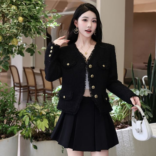 V-Neck Tweed Button-Up Jacket