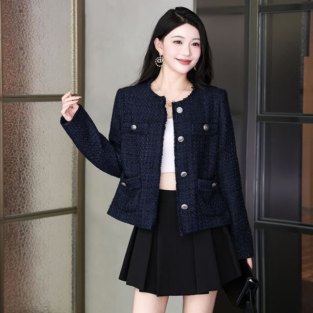 Crewneck Button-Up Plaid Tweed Crop Jacket