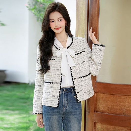 Plaid Button-Up Tweed Jacket / Long-Sleeve Ribbon Neck Blouse / Set