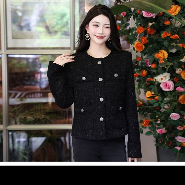 Crewneck Button-Up Plaid Tweed Crop Jacket