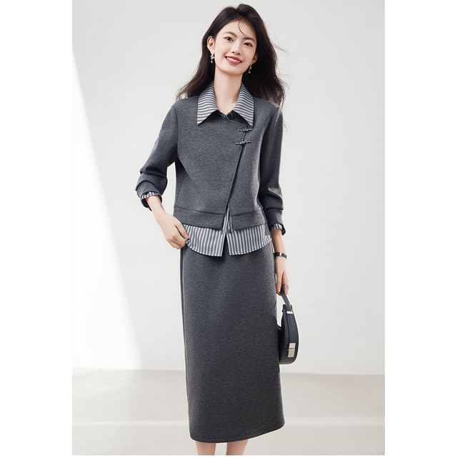 Mock Neck Striped Sweatshirt and Midi Skirt Set