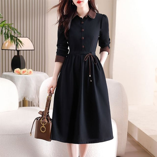Long-Sleeve Two Tone Collared Half Buttoned Maxi A-Line Dress