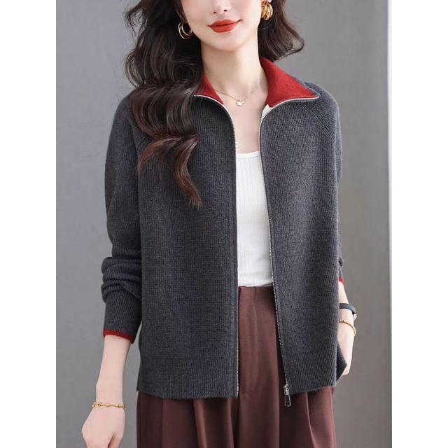Zip-Up Plain Cardigan