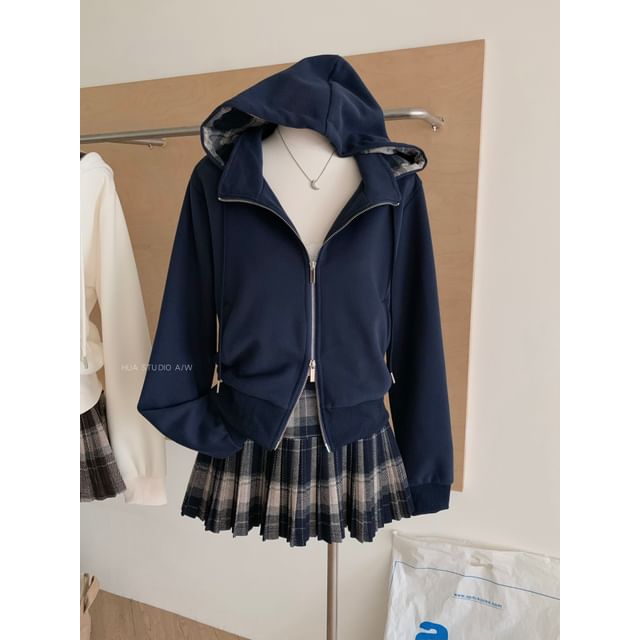 Set: Stand Collar Plaid Hoodie and Pleated Mini Skirt