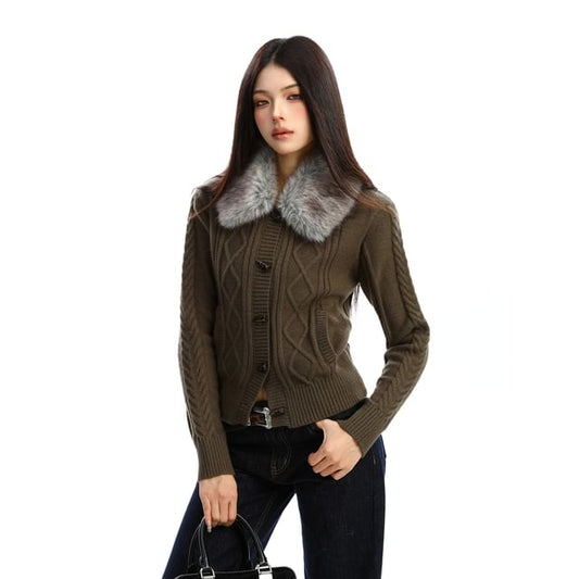 Faux Fur Collar Cable Knit Toggle Cardigan