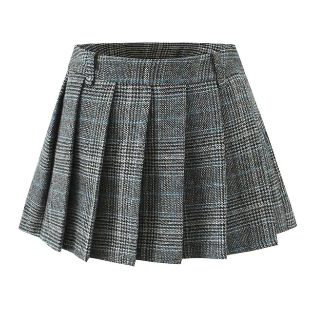 High Waist Houndstooth Pleated Mini A-Line Skirt