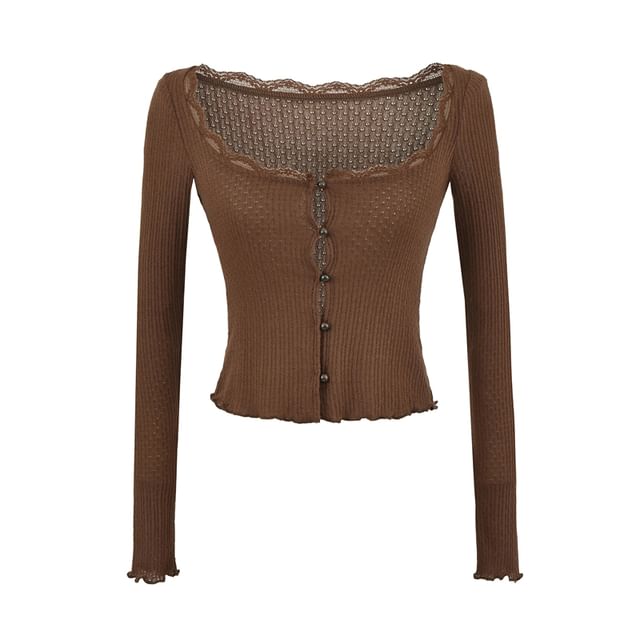 Scoop Neck Lace Trim Lettuce Edge Button-Up Crop Cardigan