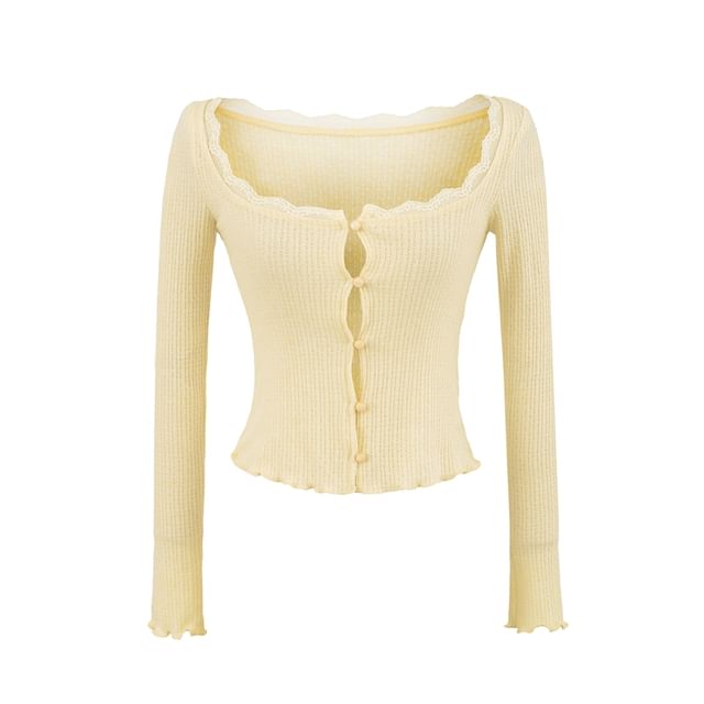 Scoop Neck Lace Trim Lettuce Edge Button-Up Crop Cardigan