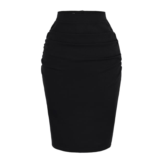Ruched Slit Pencil Skirt High Rise