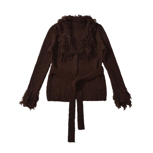 Collared Plain Fringed Tie Waist Cardigan