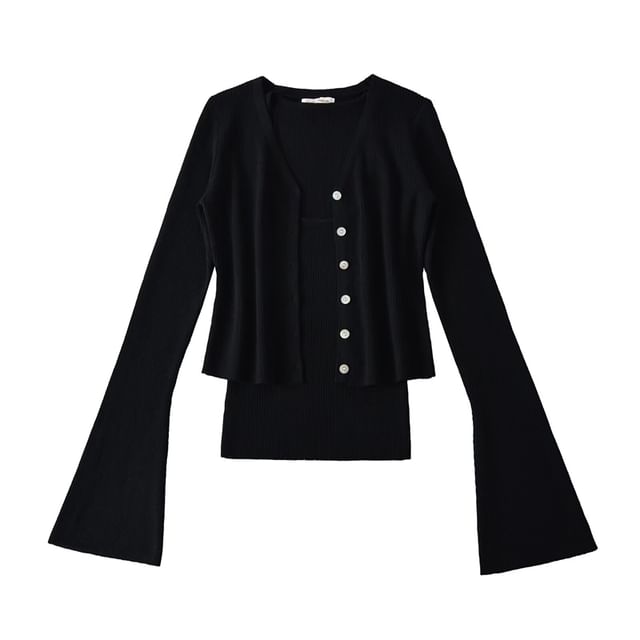 Set: V-Neck Button-Up Plain Crop Cardigan + Cami Top