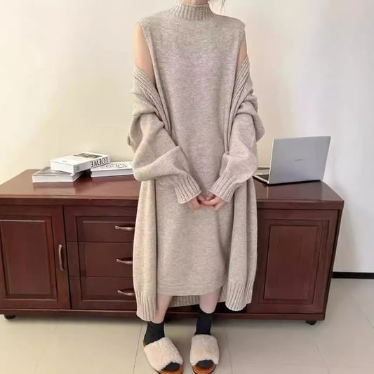 Set: Sleeveless Mock Neck Plain Knit Midi Loose Fit Dress + Maxi Open Front Cardigan