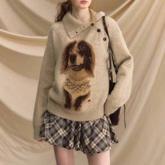 Collar Asymmetrical Henley Dog Jacquard Sweater