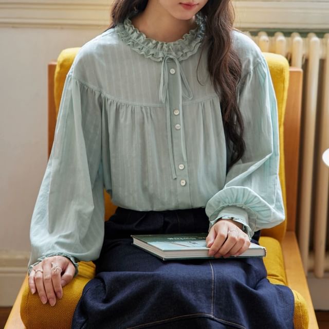 Long-Sleeve Plain Bow Frill Trim Blouse