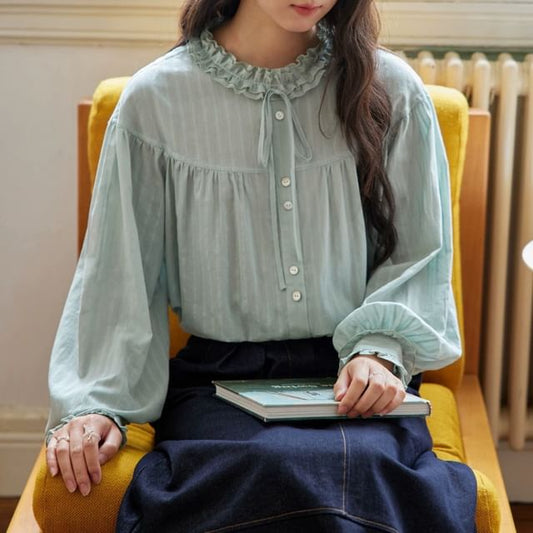 Long-Sleeve Plain Bow Frill Trim Blouse
