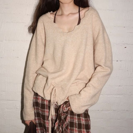 V-Neck Melange Drawstring Sweater