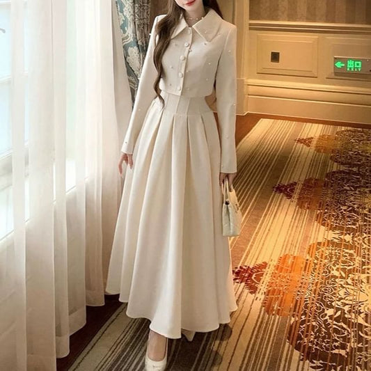 Collar Plain Faux Pearl Cropped Button Jacket / High Rise Maxi A-Line Skirt