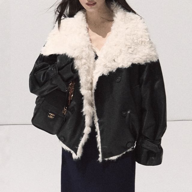 Collar Two Tone Fleece-Lined Double-Breasted Jacket