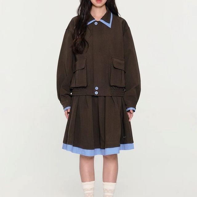 Collar Trim Zip Jacket and High Rise Pleated Skirt